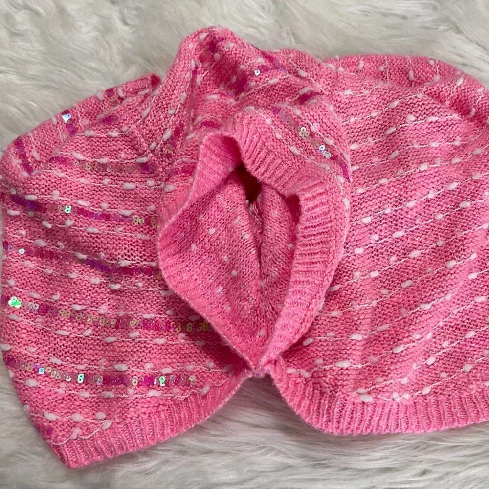 Justice pink sweater poncho with a sleeve iridescent sequins on front size 6/7
